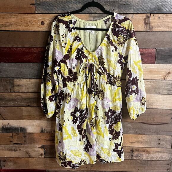 Anthropologie Dresses & Skirts - By Anthropologie V Neck Yellow And Burgundy Floral Mini Dress Size Small